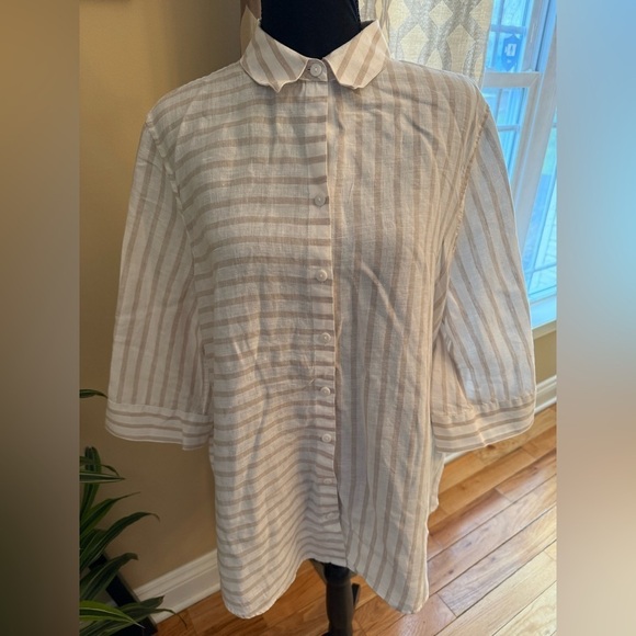 Chico's Tops - Chico's Striped 3/4 Sleeve 100% Linen Button Down Shirt Womens Sz 3P Beige/White